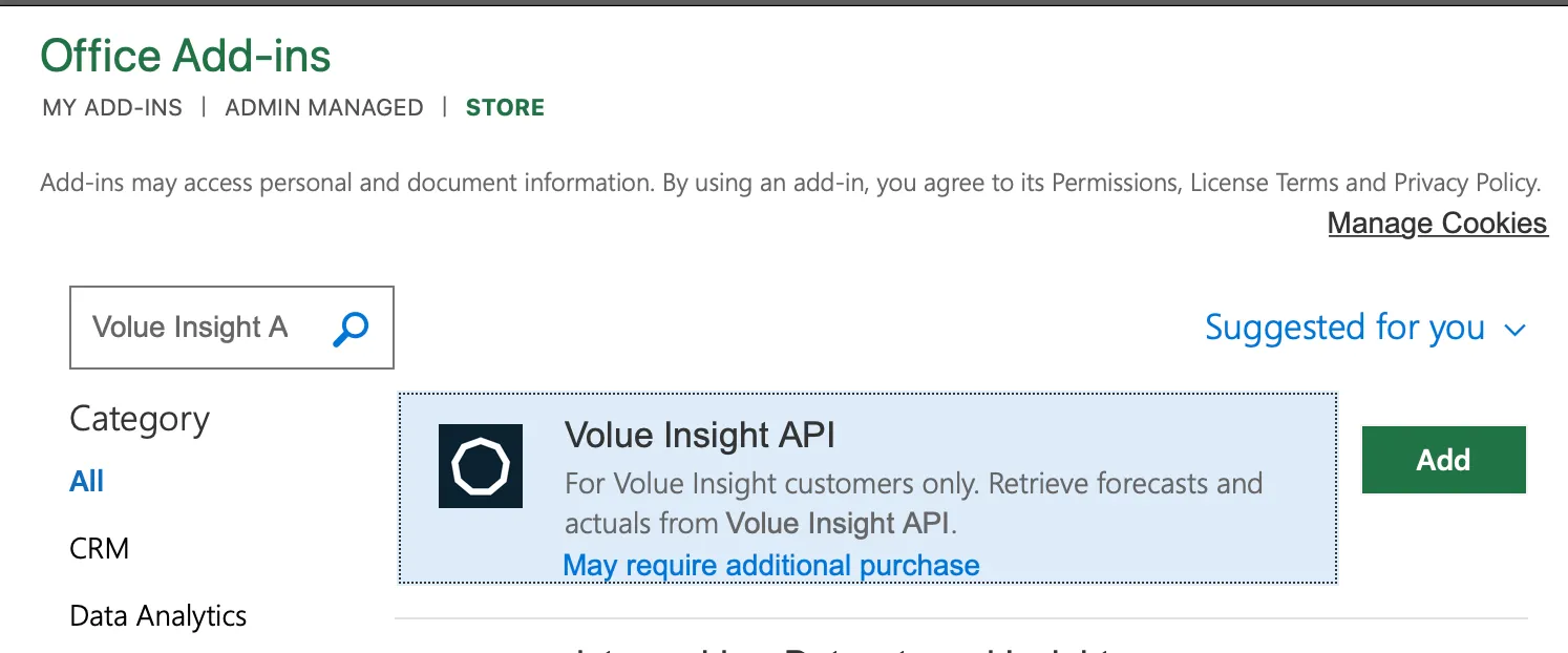 Office Add-ins store with the Volue Insight API add-in